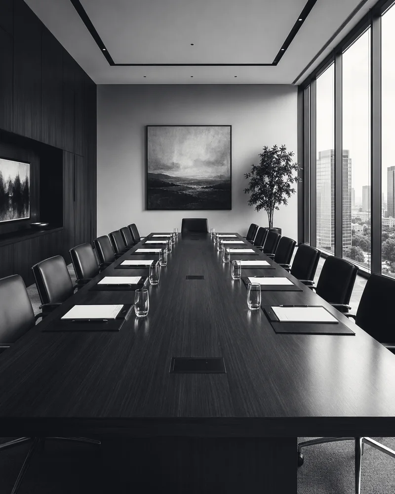 An empty boardroom table set with documents and water glasses, city towers beyond the glass
