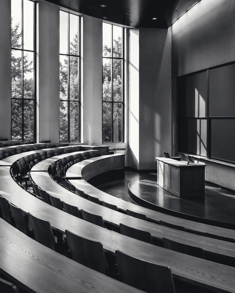 A modern university lecture hall in daylight, rows of empty seats facing the lectern