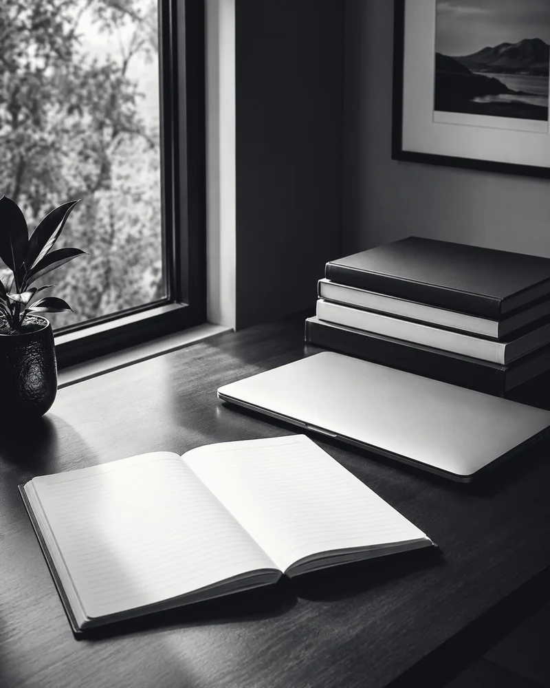 A desk with an open notebook, a laptop and bound reports beside a window
